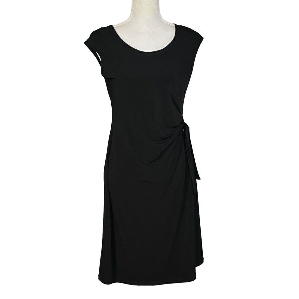 Clara Sun Woo Sheath Dress Black Faux Wrap Size Small Ruched Minimalist Capsule - Picture 8 of 9